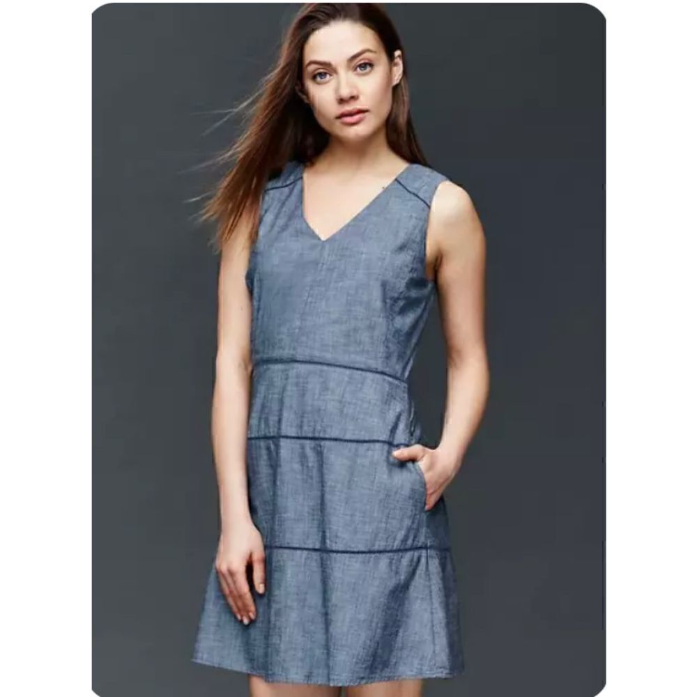 GAP v-neck Chambray Fit & Flair Dress - Picture 3 of 16